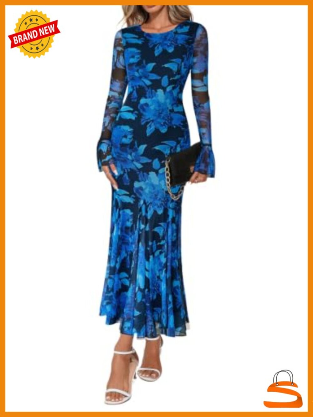Women's Long Sleeve Floral Mesh Maxi Dress Wedding Guest Bodycon